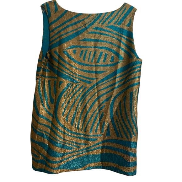 Chico's Travelers Top Sleeveless SZ O Teal Gold Textured Metallic Abstract Shiny - Picture 7 of 9